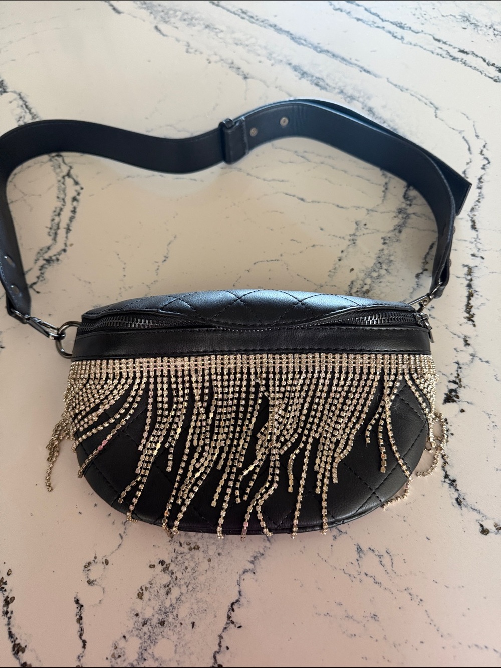 Pink Lily Black Quilted Crossbody Bag with Rhinestone Fringe